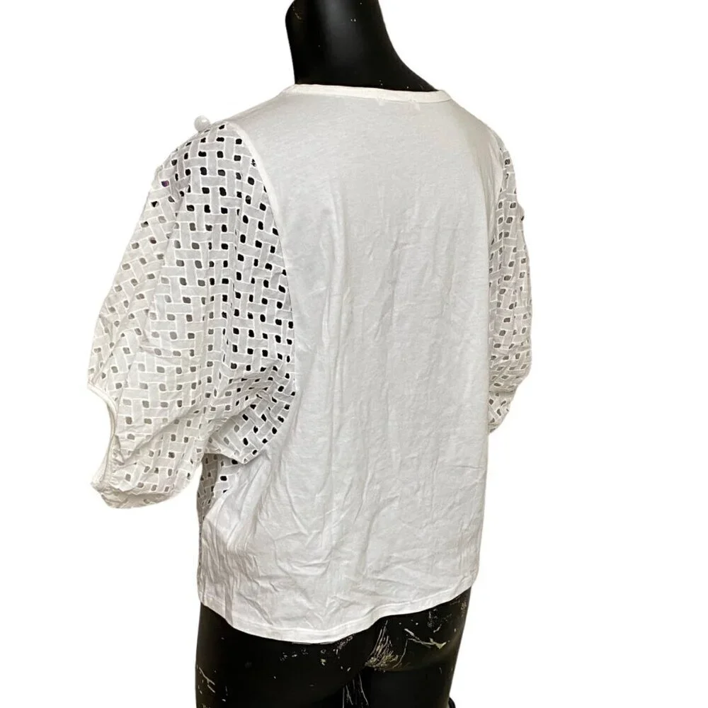 Zara White Cotton Eyelet Puff Sleeve Top Size Small